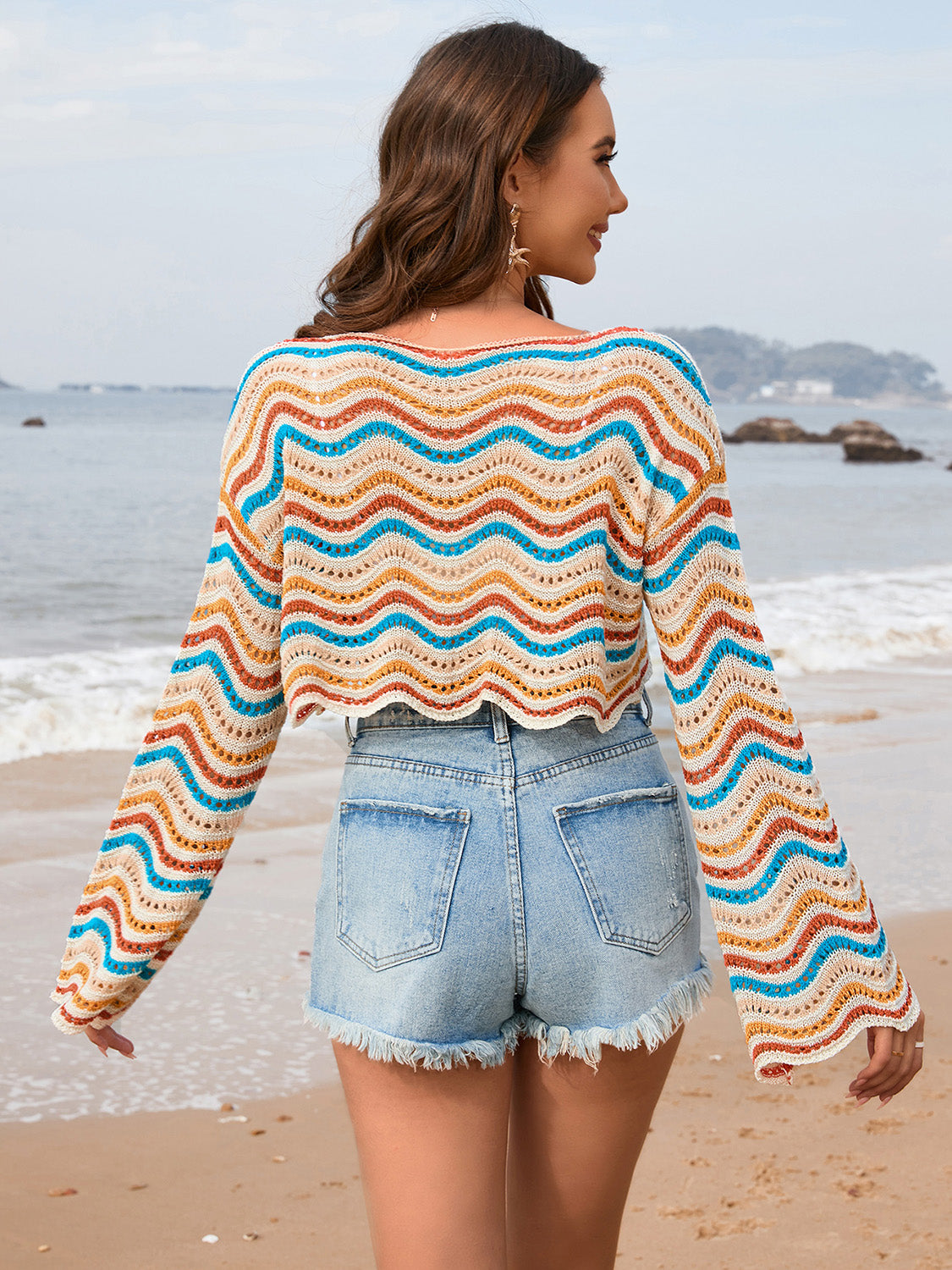 Striped Boat Neck Long Sleeve Cover Up-Jewearrings