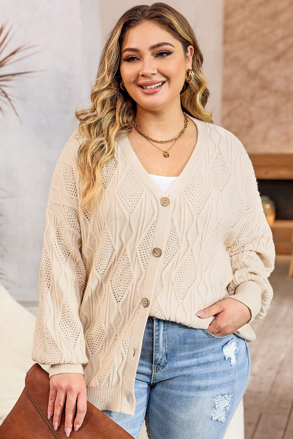 Plus Size Cable-Knit Button Up Sweater-Jewearrings