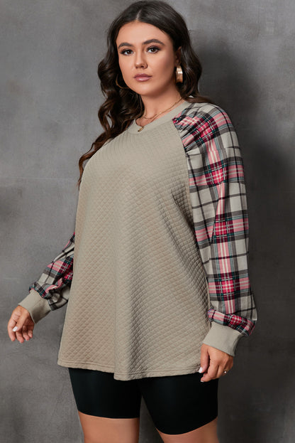 Plus Size Plaid Round Neck Long Sleeve Sweatshirt-Jewearrings