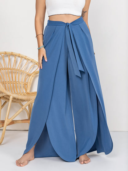 Plus Size Tied Slit Wide Leg Pants-Jewearrings