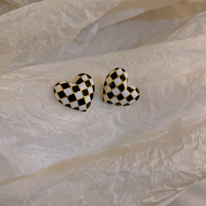 925 Silver Needle Oil Drop Checkerboard Love Stud Earrings-Jewearrings