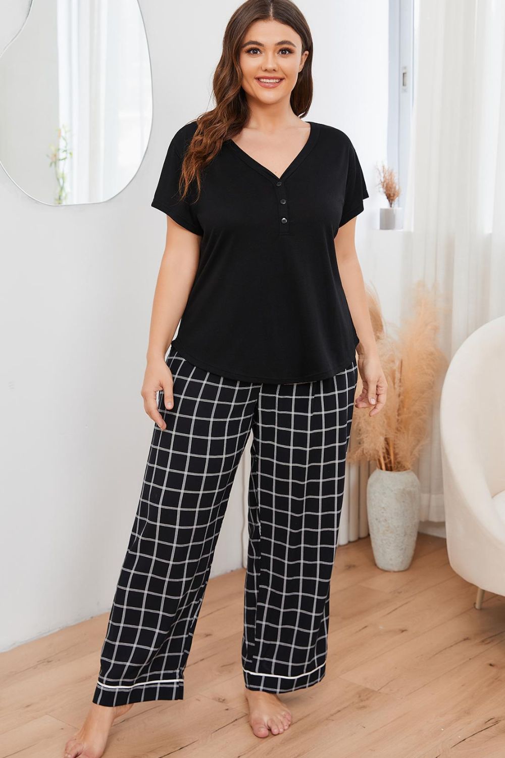 Plus Size V-Neck Top and Plaid Pants Lounge Set-Jewearrings