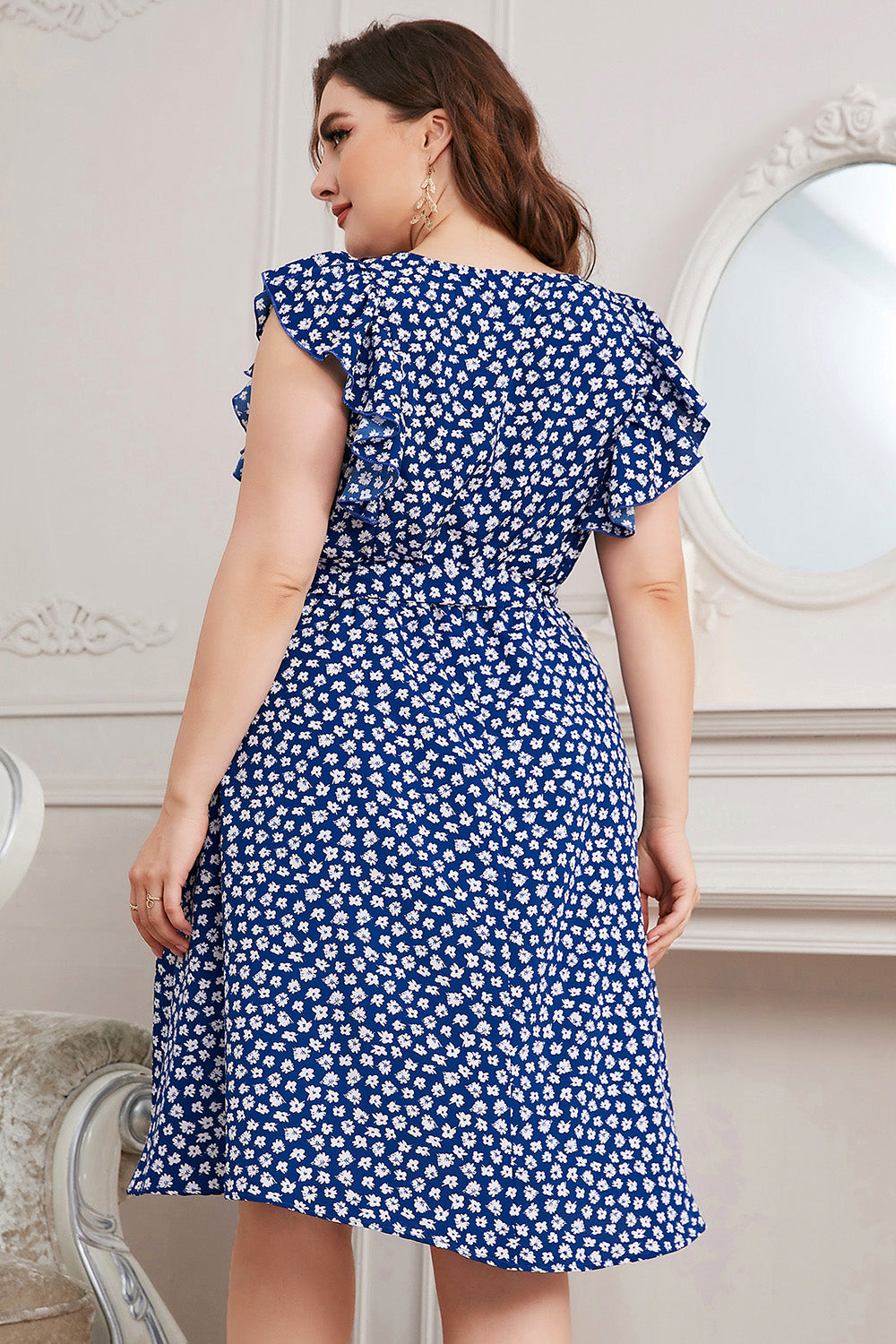 Plus Size Round Neck Tie Waist Dress-Jewearrings