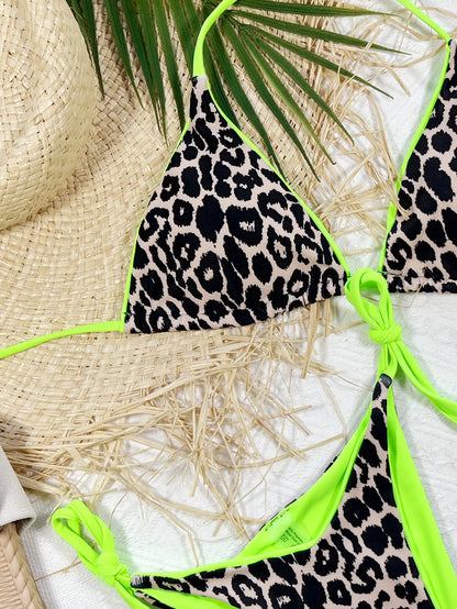 Leopard Print Halter Neck Tie Side Bikini Set-Jewearrings