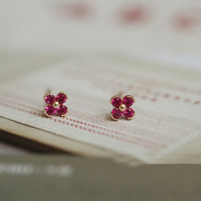 925 Silver Rose Red Little Flowers Ruby Stud Earrings-Jewearrings