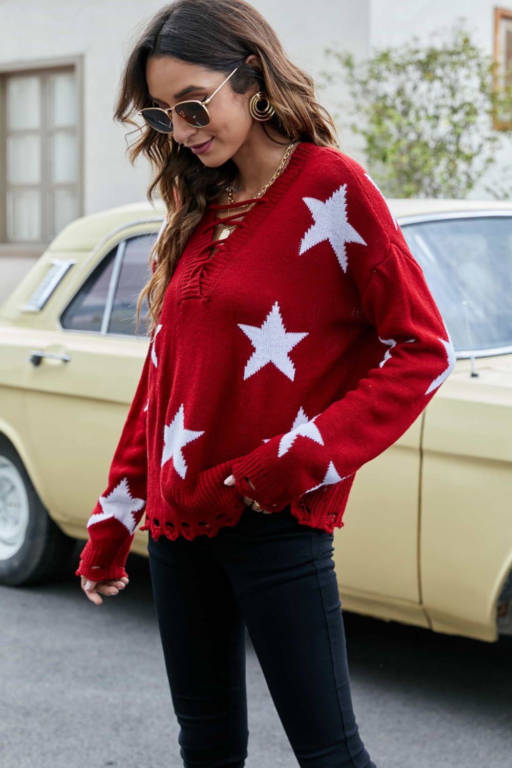 Star Pattern Lace-Up Drop Shoulder Sweater-Jewearrings