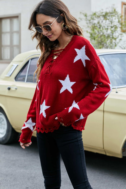 Star Pattern Lace-Up Drop Shoulder Sweater-Jewearrings