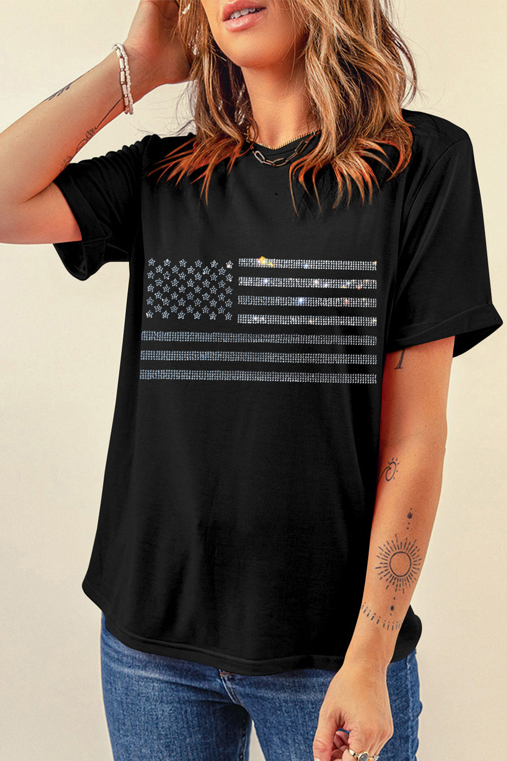 Rhinestone US Flag Round Neck Short Sleeve T-Shirt-Jewearrings