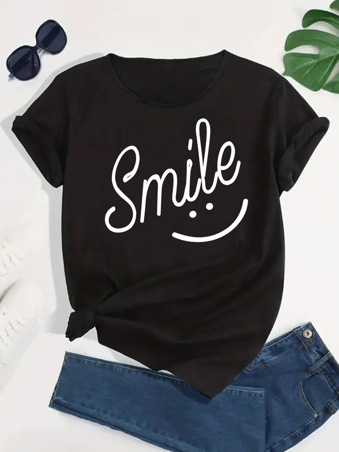 SMILE Round Neck Short Sleeve T-Shirt-Jewearrings