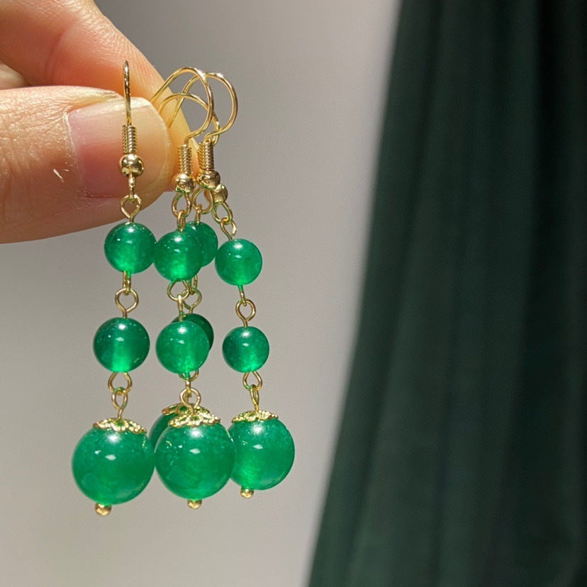 New Exquisite Simple Emerald Beads Long Tassel Earrings-Jewearrings