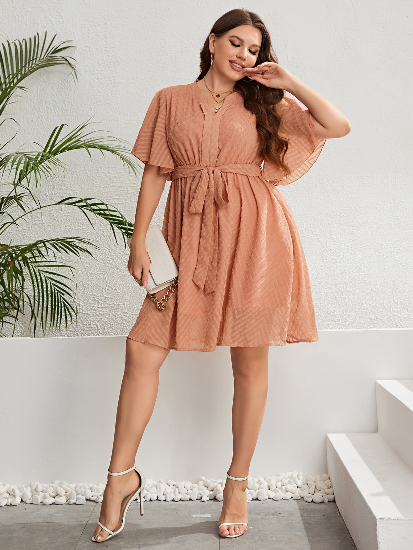 Plus Size Tie Waist Notched Neck Flutter Sleeve Dress-Jewearrings