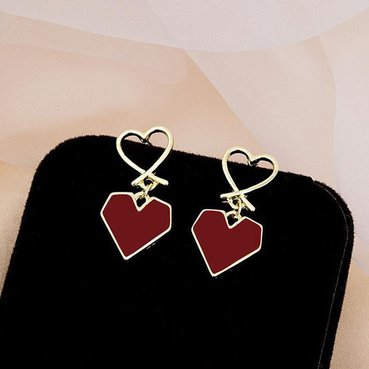 S925 Silver Needle Wine Red Heart Love Stud Earrings-Jewearrings