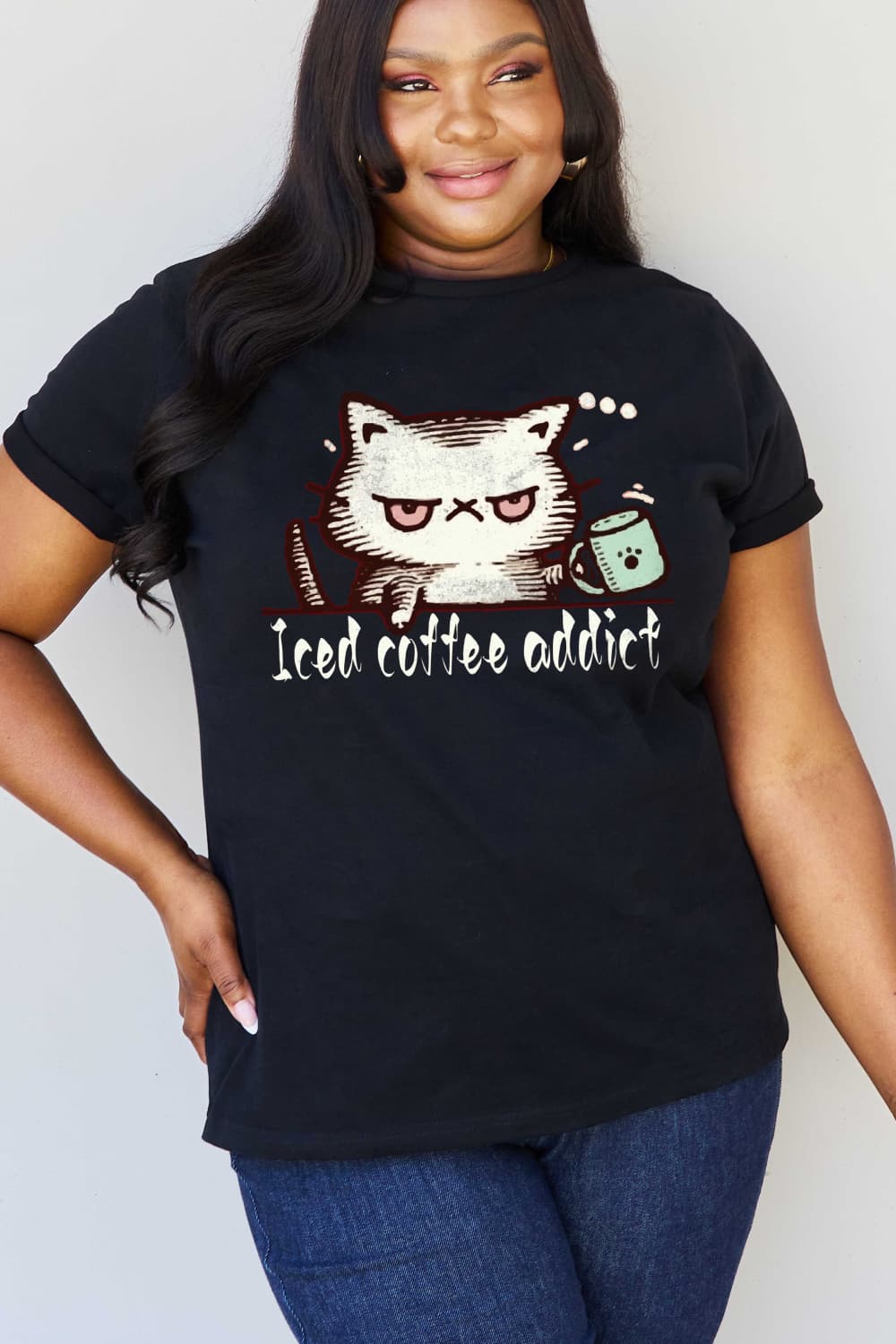 Simply Love Full Size ICED COFFEE ADDICT Graphic Cotton Tee-Jewearrings