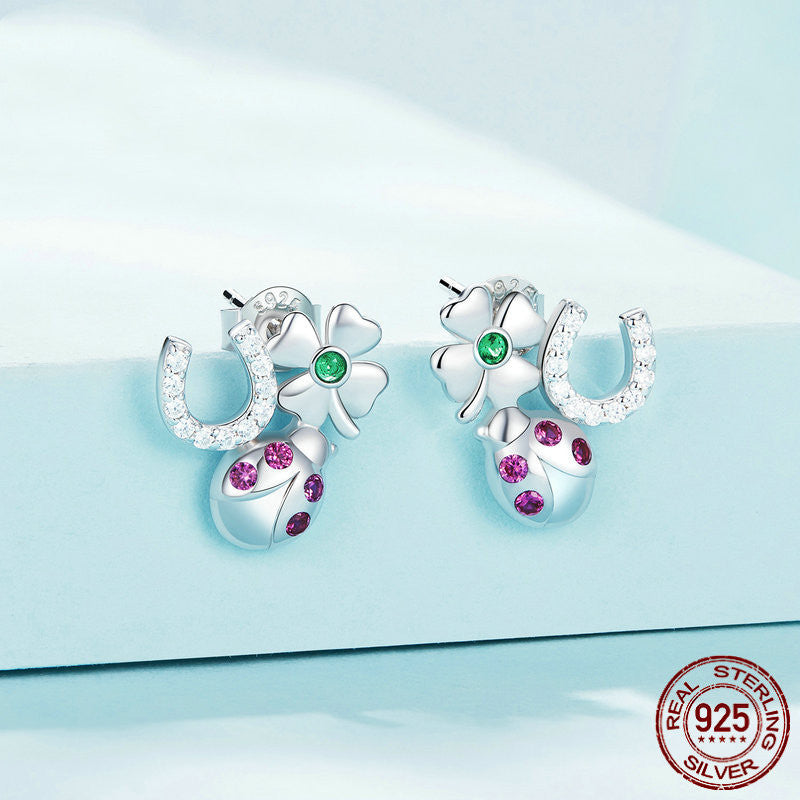 S925 Sterling Silver Lucky Combination Earrings Plated With Platinum Zircon-Jewearrings