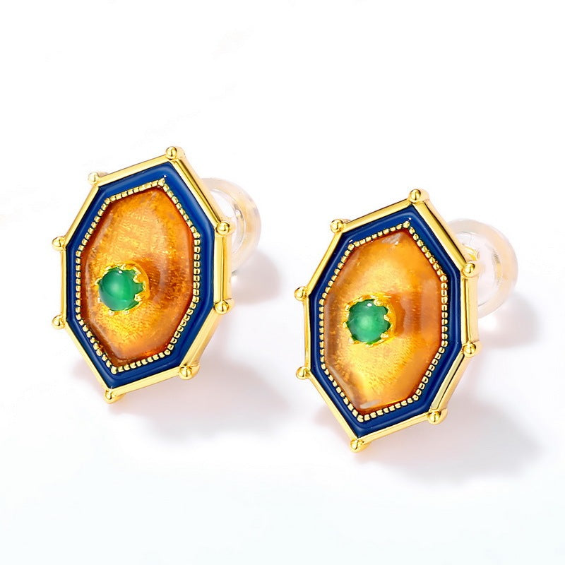 Natural Amber Stud Women Ethnic Style Earrings-Jewearrings