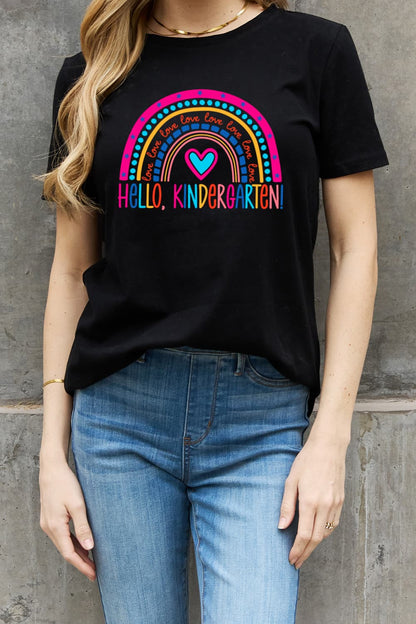 Simply Love Full Size LOVE HELLO KINDERGARTEN Rainbow Graphic Cotton Tee-Jewearrings