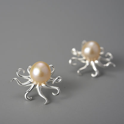 Personality Creative Female S925 Silver Pearl Octopus Stud Earrings-Jewearrings