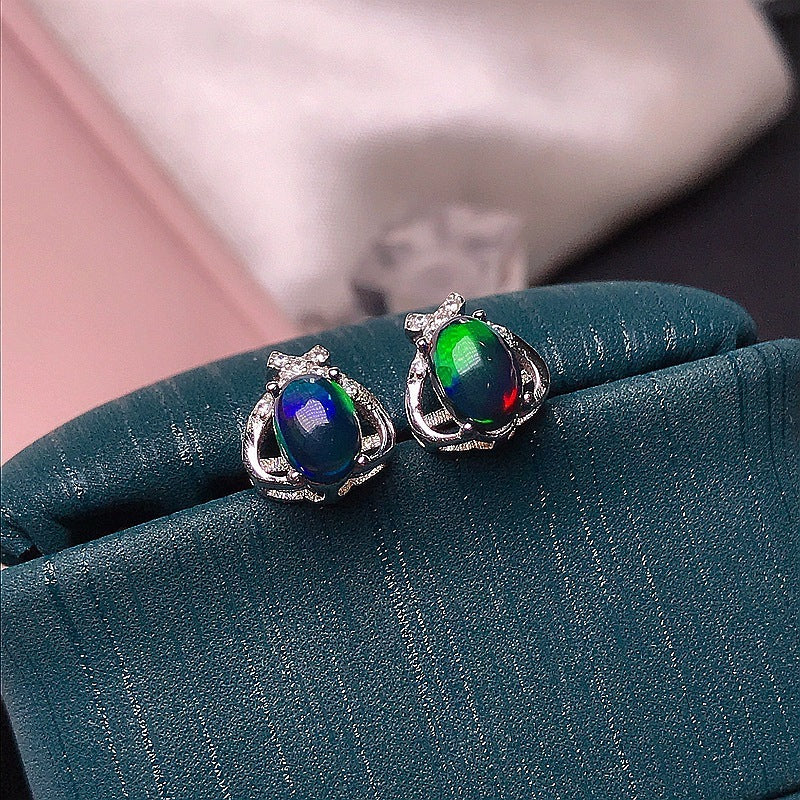 Stud Earrings Silver Inlaid Natural Black Opal-Jewearrings