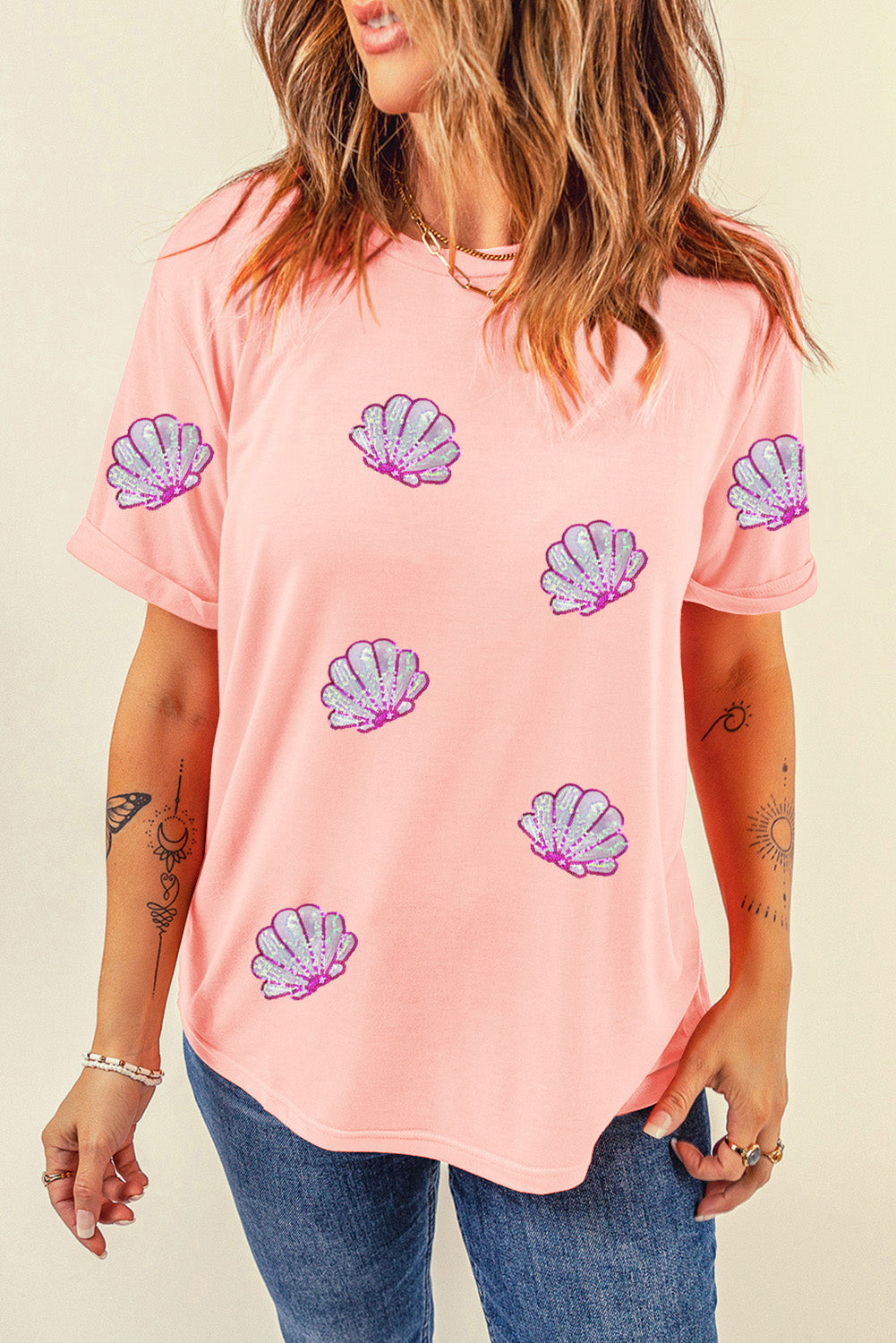 Shell Round Neck Short Sleeve T-Shirt-Jewearrings