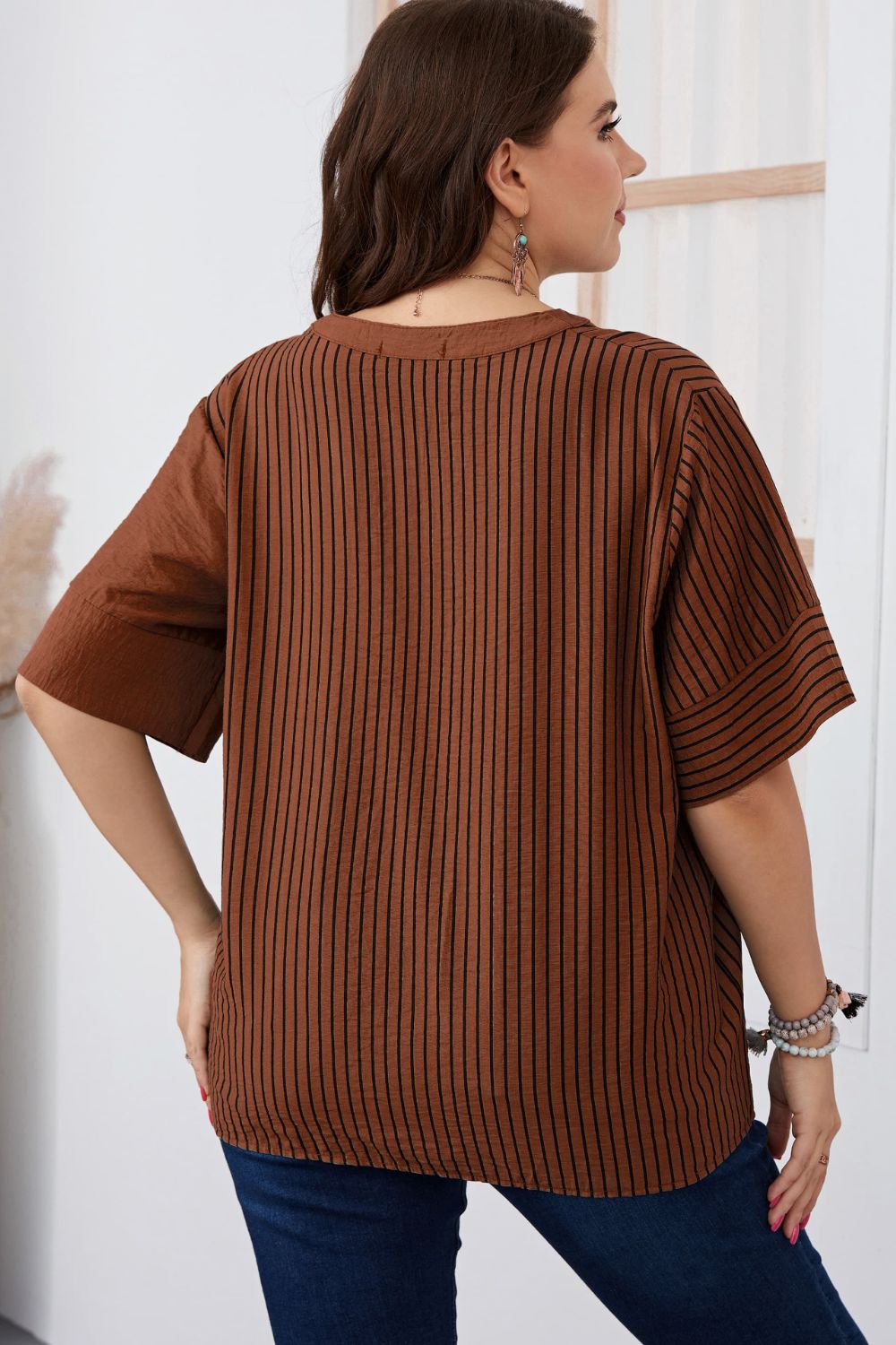 Plus Size Striped Notched Neck Half Sleeve Top-Jewearrings