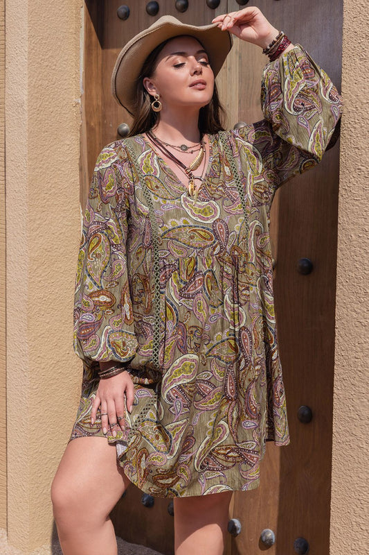 Plus Size Printed V-Neck Long Sleeve Midi Dress-Jewearrings