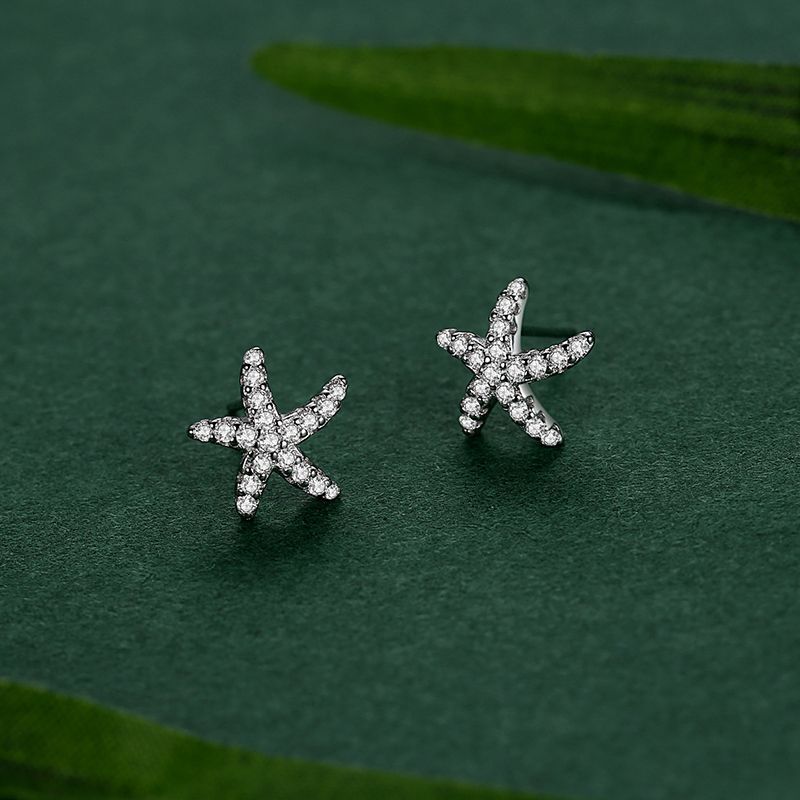 S925 Sterling Silver Starfish Stud Earrings With Diamonds-Jewearrings