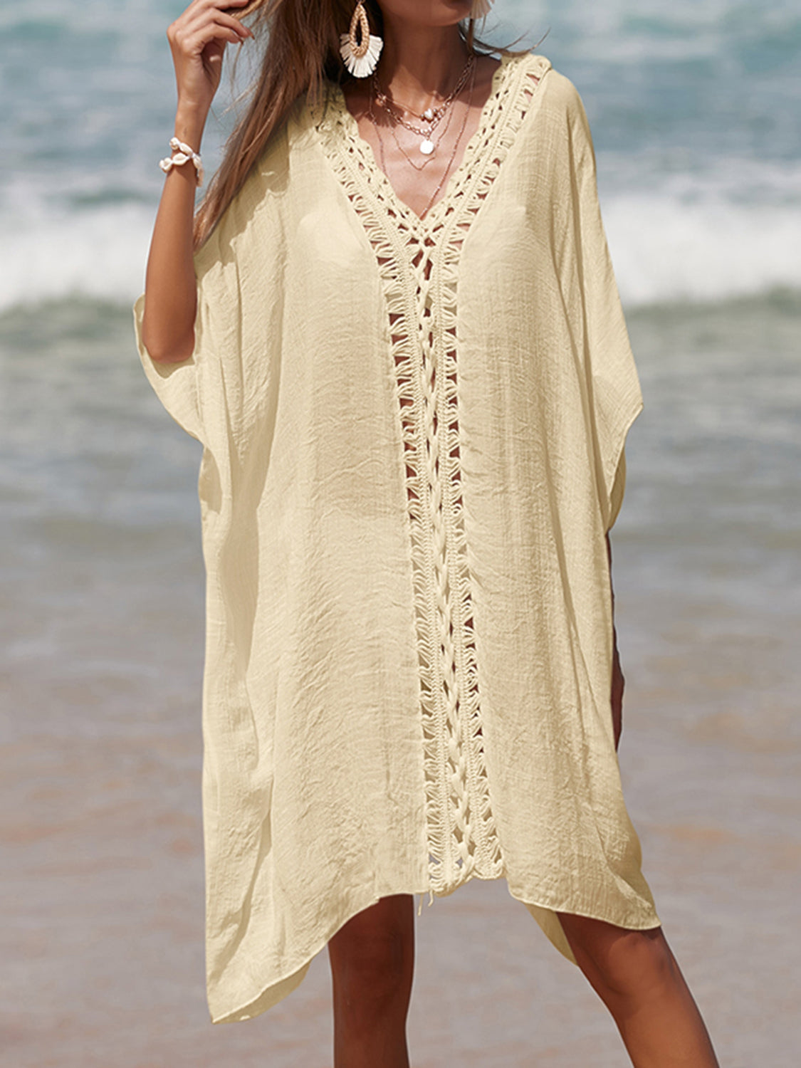 Cutout V-Neck Three-Quarter Sleeve Cover Up-Jewearrings