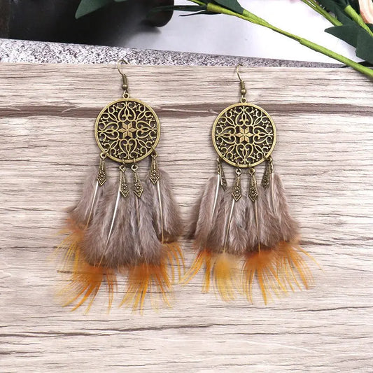 Feather Earrings Big Ring Coffee Love-Jewearrings