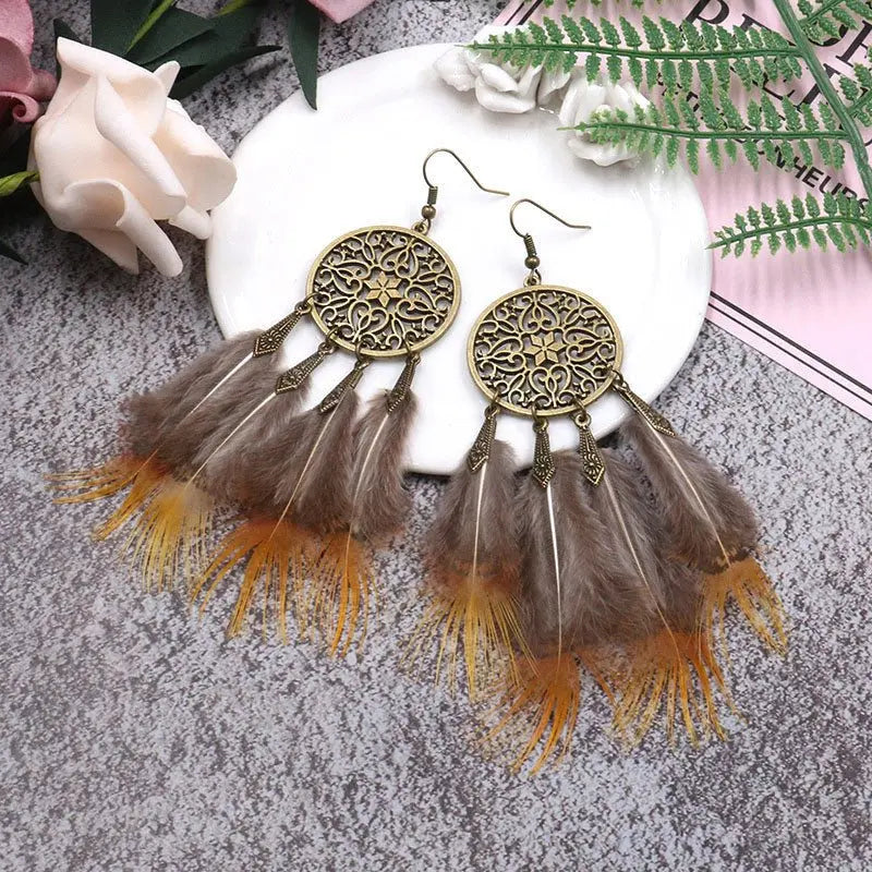 Feather Earrings Big Ring Coffee Love-Jewearrings