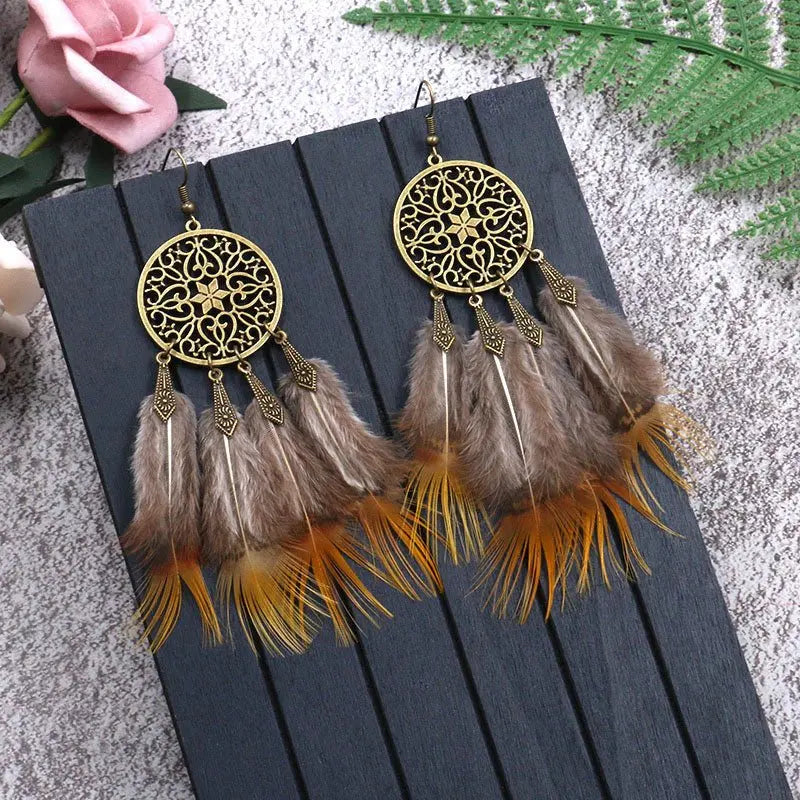 Feather Earrings Big Ring Coffee Love-Jewearrings