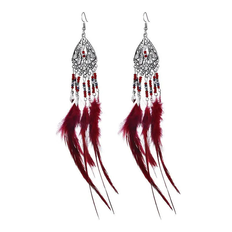 Feather Earrings - Bohemian Long Tassel Retro Ethnic Style-Jewearrings