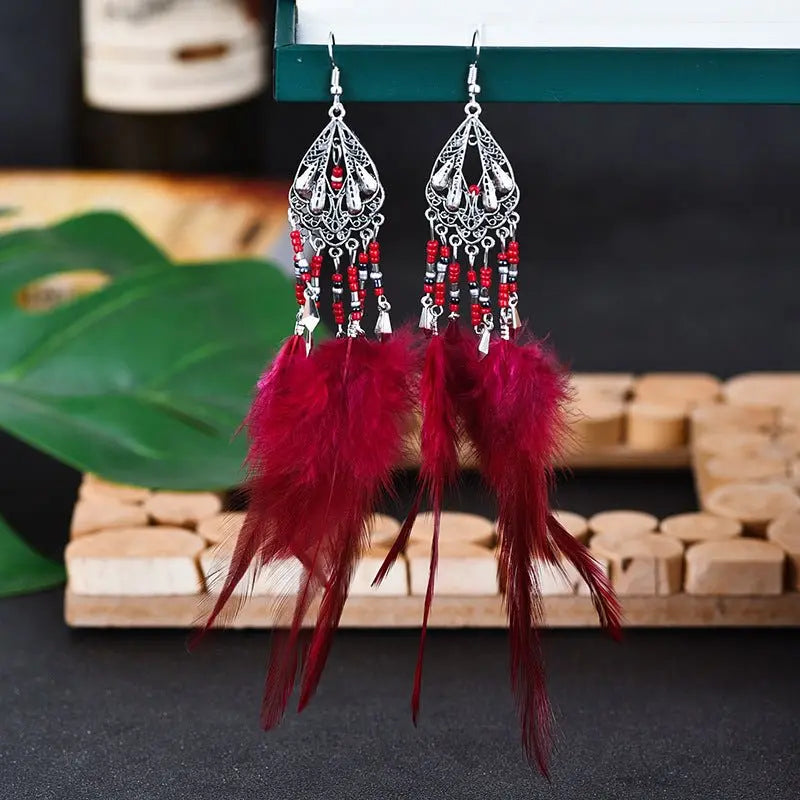 Feather Earrings - Bohemian Long Tassel Retro Ethnic Style-Jewearrings