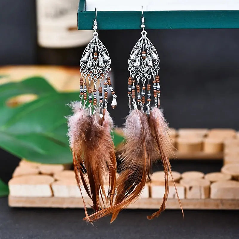 Feather Earrings - Bohemian Long Tassel Retro Ethnic Style-Jewearrings