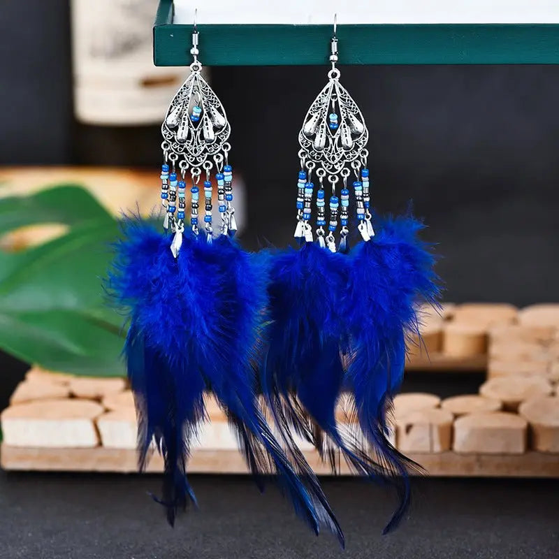 Feather Earrings - Bohemian Long Tassel Retro Ethnic Style-Jewearrings