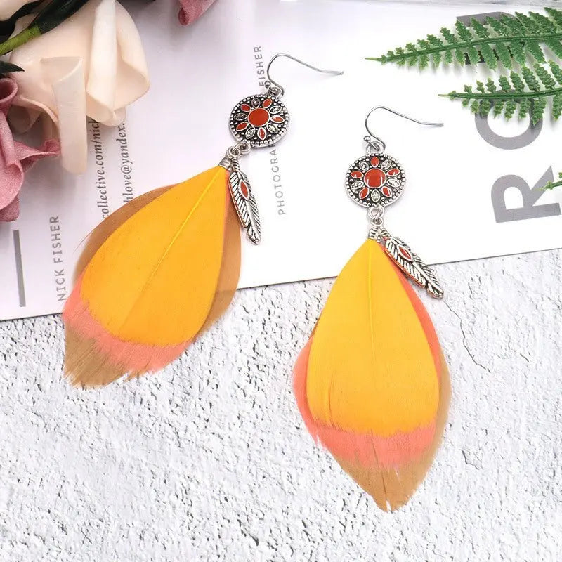 Feather Earrings: Boho Statement with Sunflowers-Jewearrings