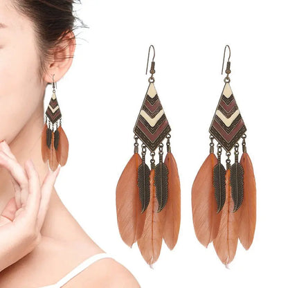 Feather Earrings - Diamond Leaf Long Tassel Bohemian Style-Jewearrings