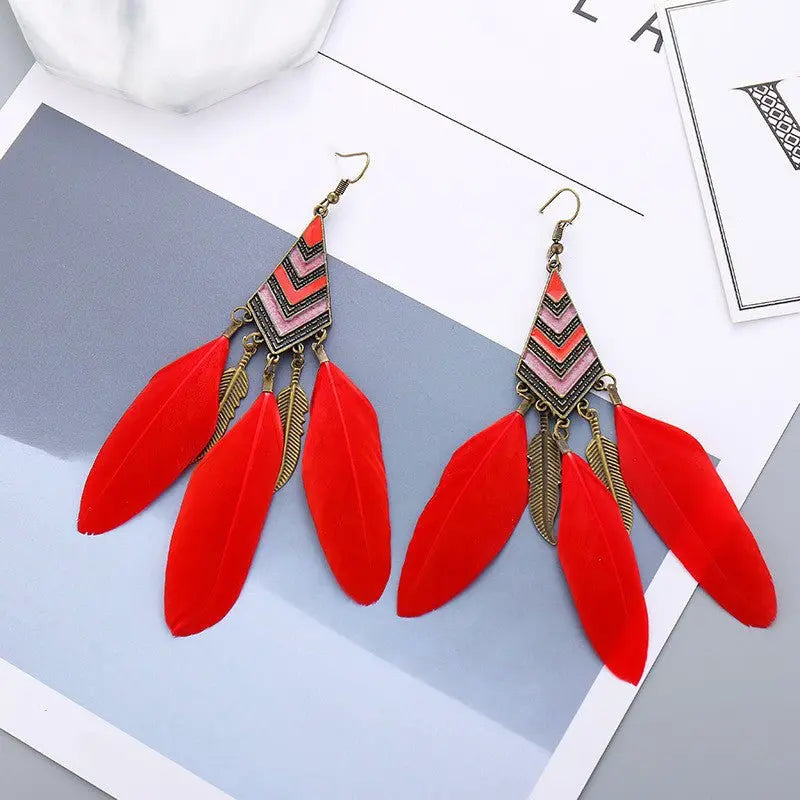 Feather Earrings - Diamond Leaf Long Tassel Bohemian Style-Jewearrings