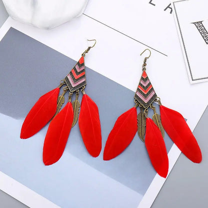 Feather Earrings - Diamond Leaf Long Tassel Bohemian Style-Jewearrings