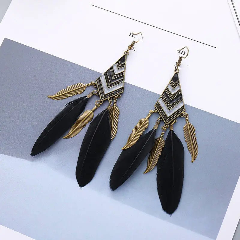 Feather Earrings - Diamond Leaf Long Tassel Bohemian Style-Jewearrings