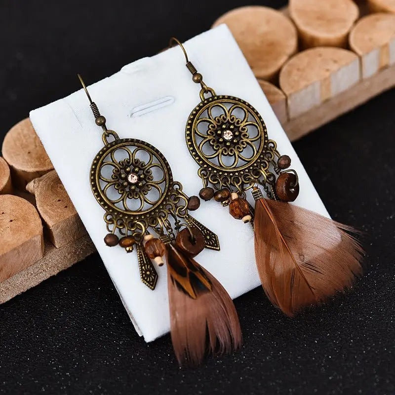 Feather Earrings Diamond-Studded Wood Bead-Jewearrings