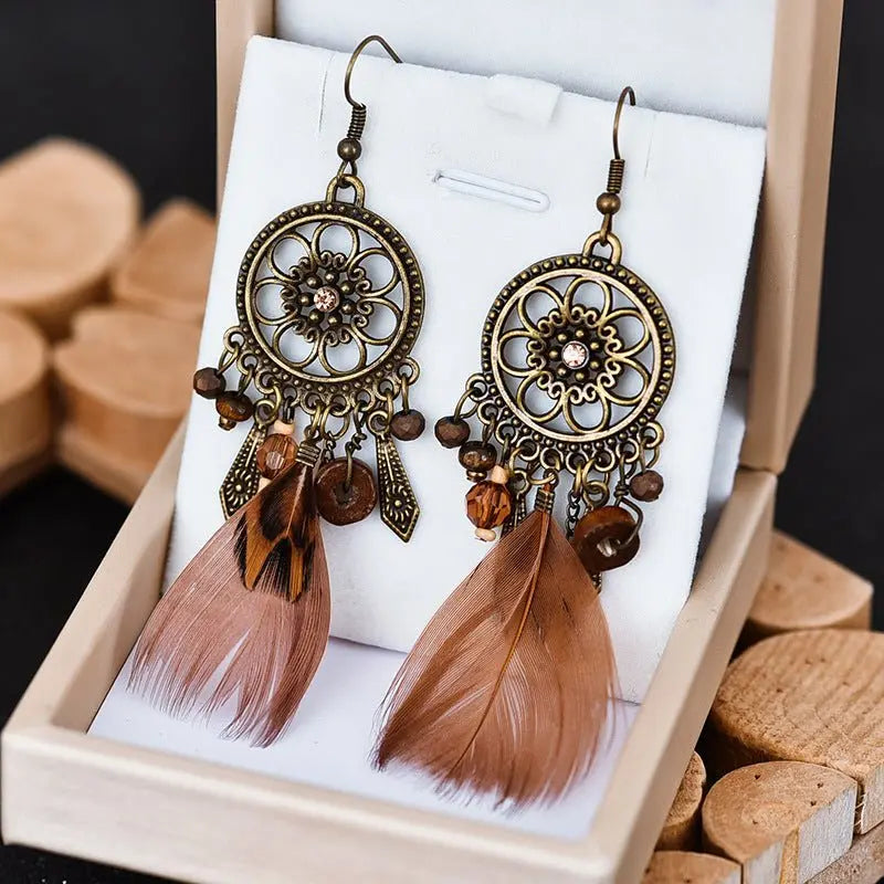 Feather Earrings Diamond-Studded Wood Bead-Jewearrings