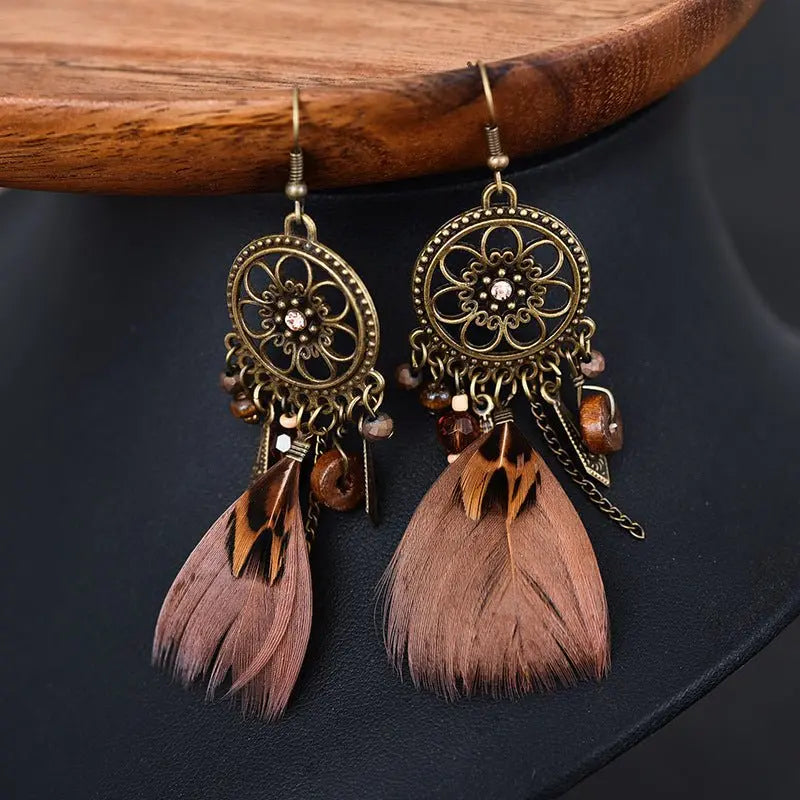 Feather Earrings Diamond-Studded Wood Bead-Jewearrings