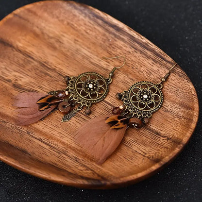 Feather Earrings Diamond-Studded Wood Bead-Jewearrings