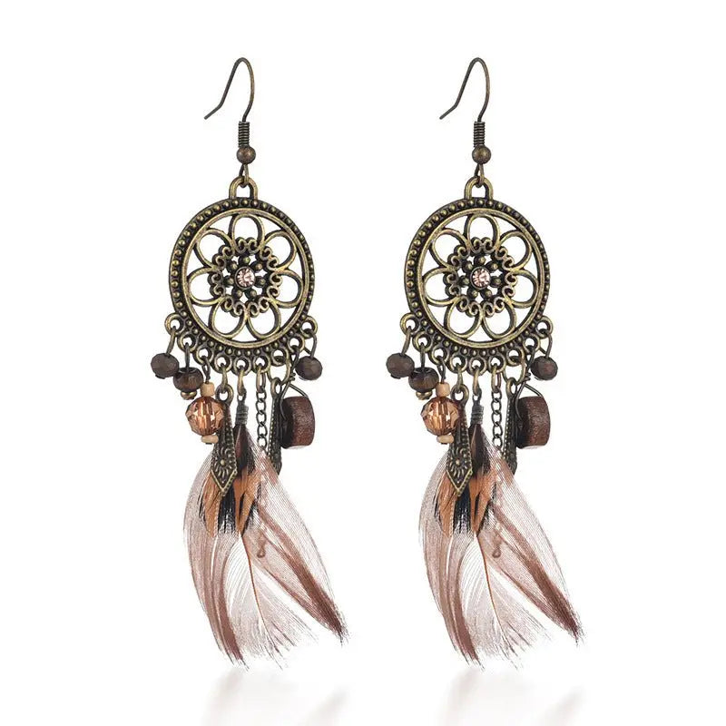 Feather Earrings Diamond-Studded Wood Bead-Jewearrings