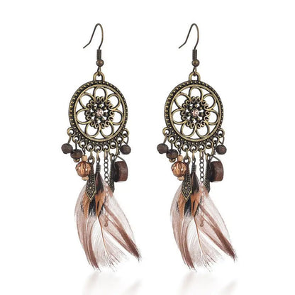 Feather Earrings Diamond-Studded Wood Bead-Jewearrings