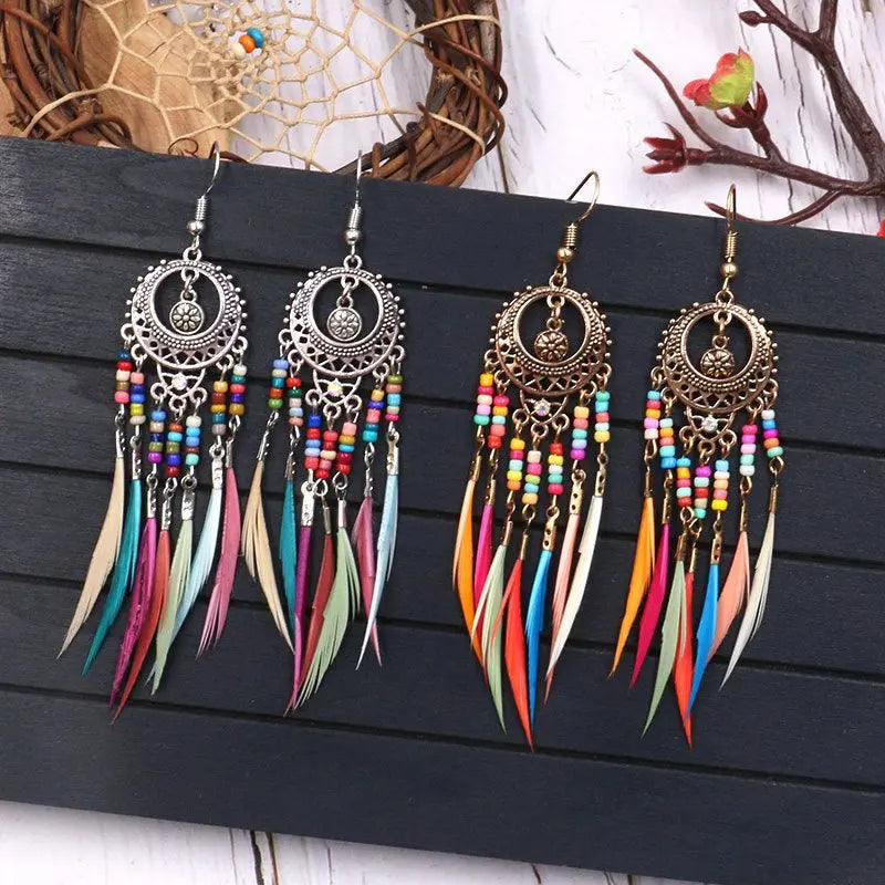 Feather Earrings - Exaggerated Colorful Beads-Jewearrings