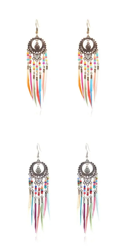 Feather Earrings - Exaggerated Colorful Beads-Jewearrings