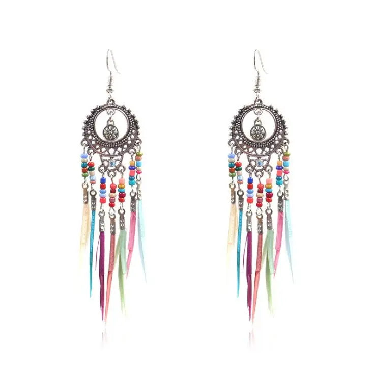 Feather Earrings - Exaggerated Colorful Beads-Jewearrings