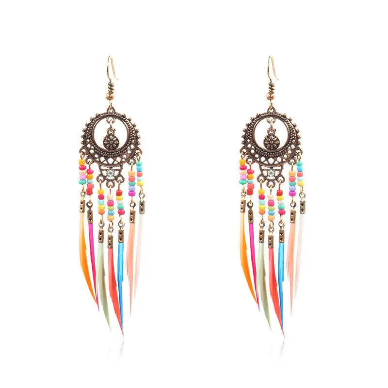 Feather Earrings - Exaggerated Colorful Beads-Jewearrings