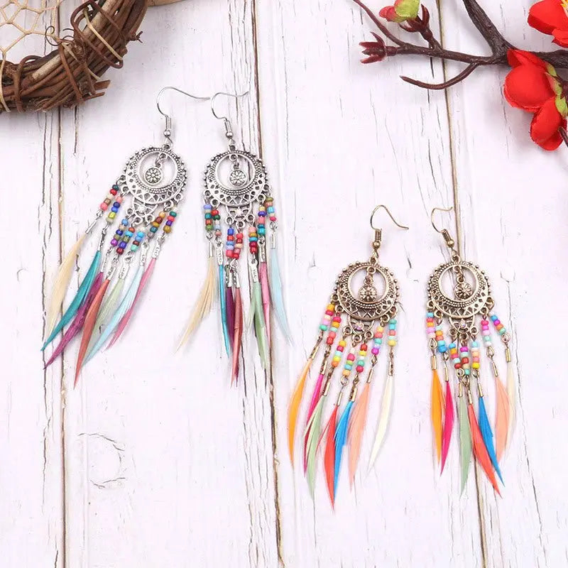 Feather Earrings - Exaggerated Colorful Beads-Jewearrings